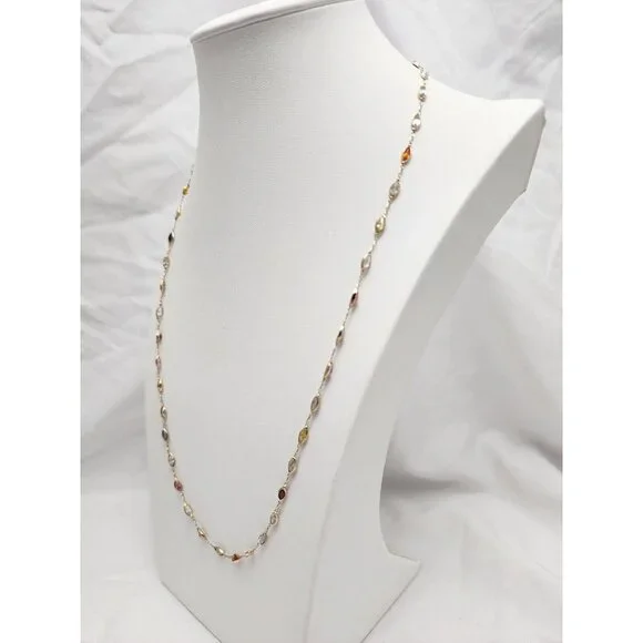 Unique 14K Solid Yellow Gold Multi Colored Gemstone Link Chain Necklace - 24" L